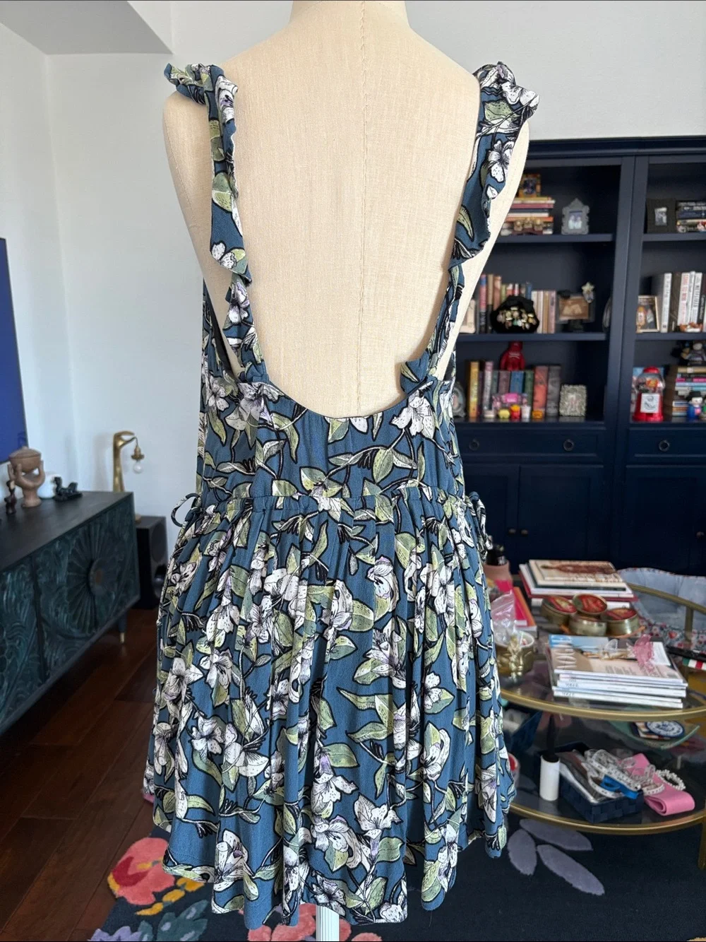 Free People Floral Ruffle Strap Dress in Blue Green size XS